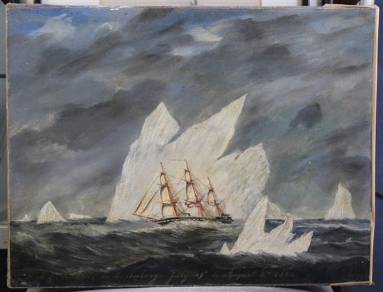 19th century English School HMS Leander in the icebergs, July 29th to August 3rd 1866, 14 x 18in., unframed